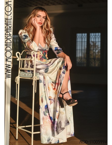 VESTIDO"IRIS" LARGO SATINADOESTAMPADO CON CINTURON  M/CODO E