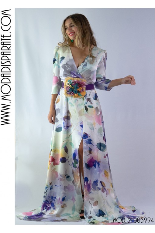 VESTIDO"IRIS" LARGO SATINADOESTAMPADO CON CINTURON  M/CODO E 2