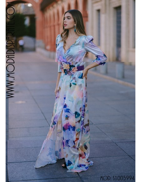 VESTIDO"IRIS" LARGO SATINADOESTAMPADO CON CINTURON  M/CODO E