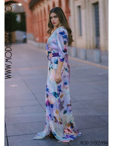 VESTIDO"IRIS" LARGO SATINADOESTAMPADO CON CINTURON  M/CODO E