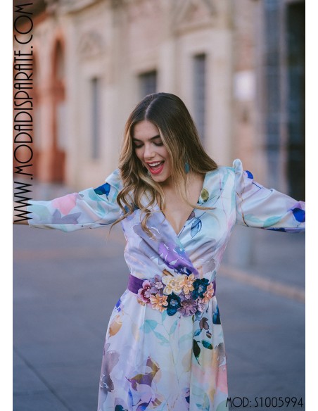 VESTIDO"IRIS" LARGO SATINADOESTAMPADO CON CINTURON  M/CODO E