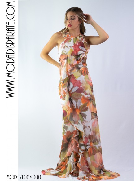 VESTIDO"AMBAR"LARGO GASA ESTAMPADA VOLANTE DELANTERO