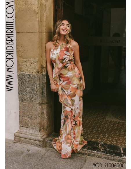 VESTIDO"AMBAR"LARGO GASA ESTAMPADA VOLANTE DELANTERO