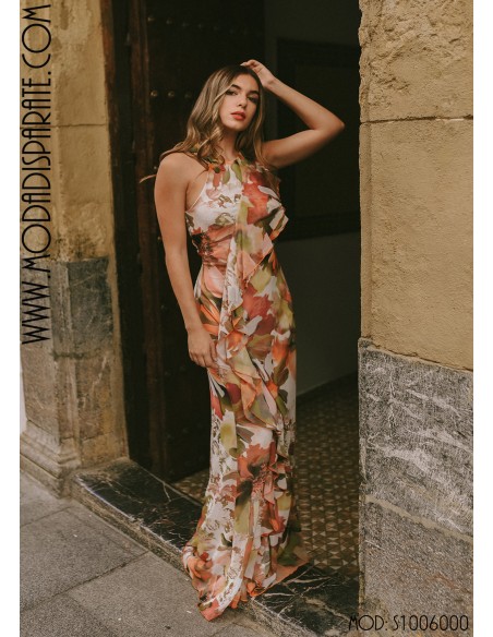 VESTIDO"AMBAR"LARGO GASA ESTAMPADA VOLANTE DELANTERO