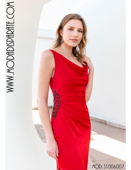 VESTIDO"SOURIS"LARGO SATINADO ASIMETRICO DRAPEADO Y PEDRERIA