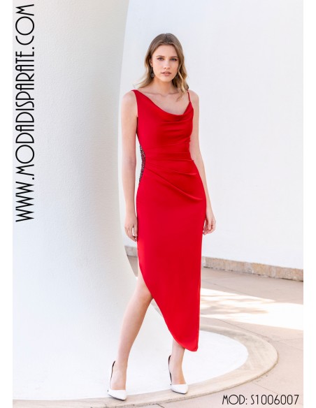 VESTIDO"SOURIS"LARGO SATINADO ASIMETRICO DRAPEADO Y PEDRERIA