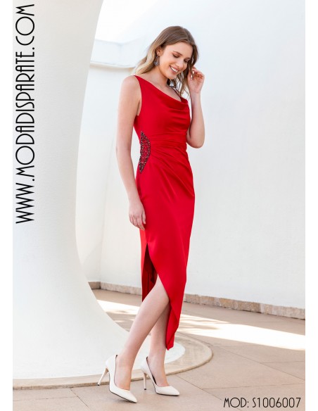 VESTIDO"SOURIS"LARGO SATINADO ASIMETRICO DRAPEADO Y PEDRERIA