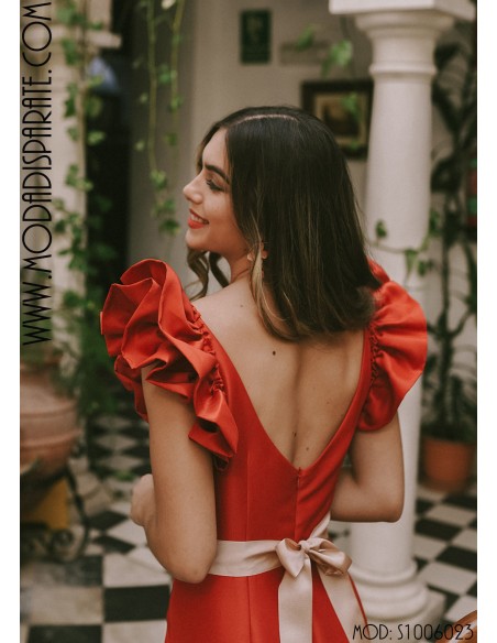 VESTIDO "MADISON"  LARGO RASO DUCHESSE VOLANTE CINTURÓN