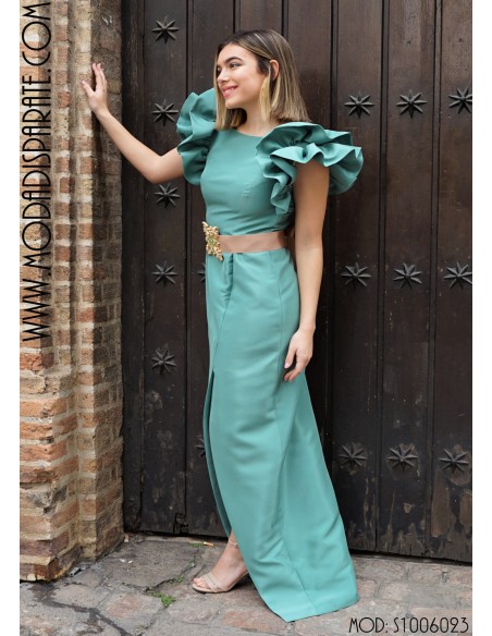 VESTIDO "MADISON"  LARGO RASO DUCHESSE VOLANTE CINTURÓN