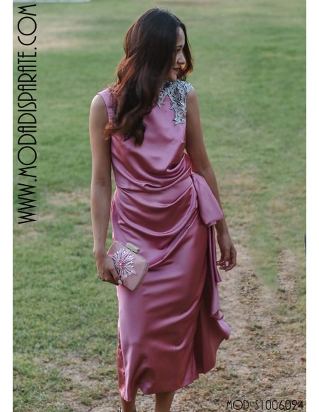 VESTIDO "TIFFANY"  RASO APLIQUE JOYA DRAPEADO CINTURA