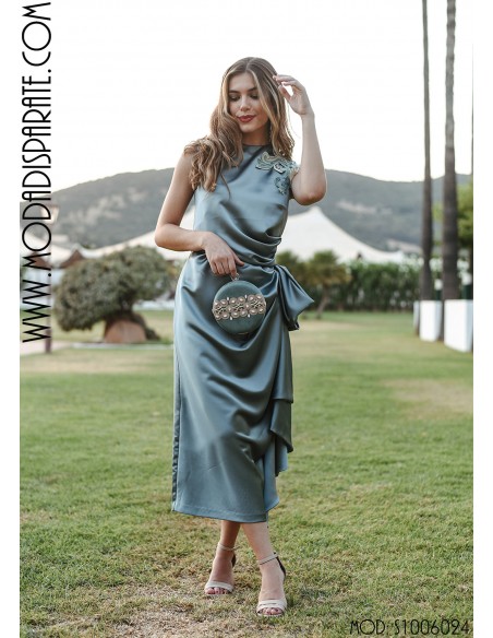 VESTIDO "TIFFANY"  RASO APLIQUE JOYA DRAPEADO CINTURA