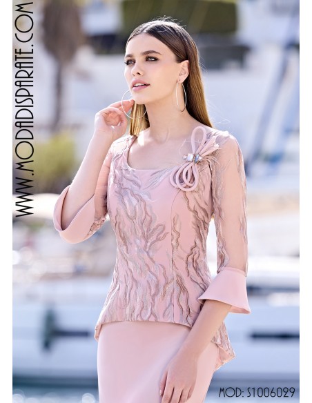 VESTIDO " ALLE" MADRINA CUERPO BLONDA MANGA VOLANTE