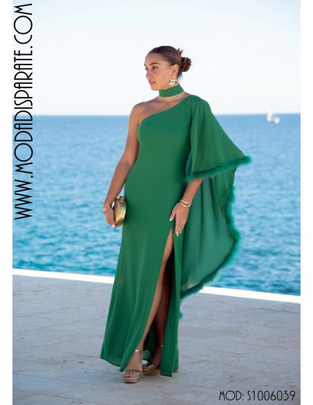 VESTIDO "JUCAR" LARGO FIESTA ASIMERICO CAPA PLUMAS