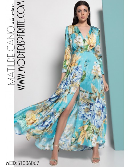 VESTIDO "MASS"LARGO ESTAMPADO SATINADO FALDA EVASE CUERPO PL