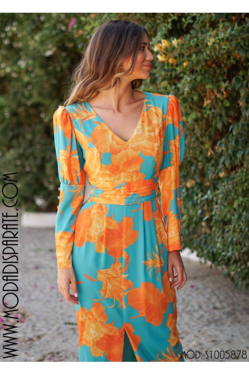VESTIDO"ALBA"MIDI ESTAMPADO ASIMETRICO FAJINDRAPEADO PUÑO BO 2
