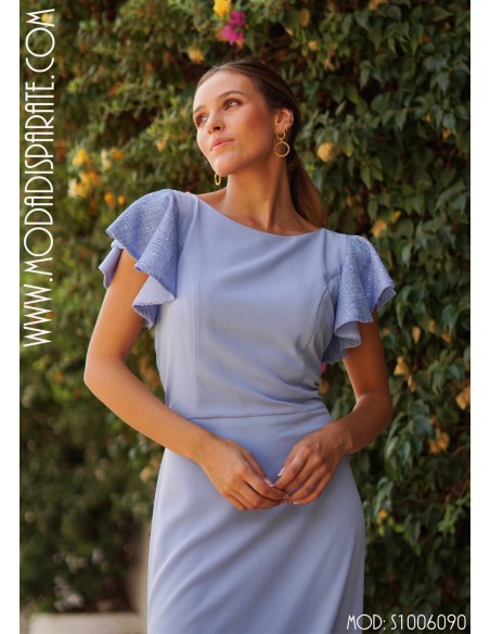 VESTIDO "WABASH" LARGO RECTO LISO M/CORTA VOLANTES LENTEJUEL