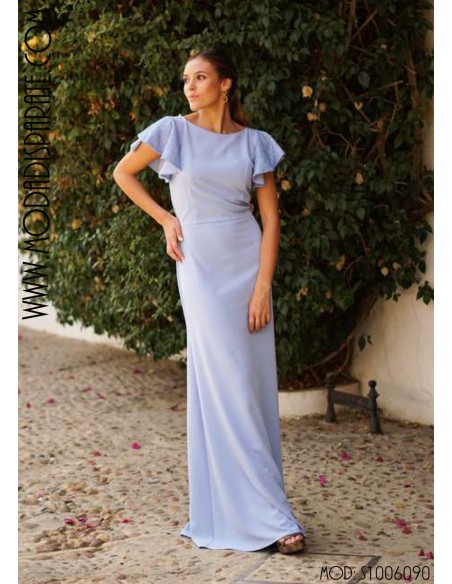 VESTIDO "WABASH" LARGO RECTO LISO M/CORTA VOLANTES LENTEJUEL