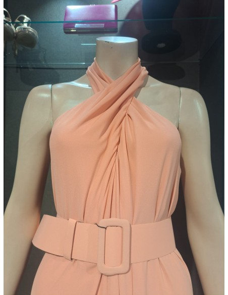 VESTIDO"IZMIR"LARGO FIESTA LISO ESCOTE CRUZADO DESMANGADO