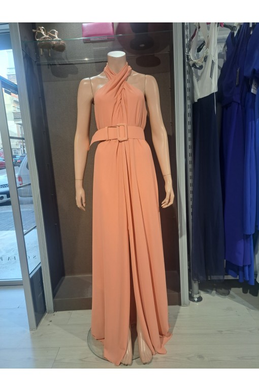 VESTIDO"IZMIR"LARGO FIESTA LISO ESCOTE CRUZADO DESMANGADO 2