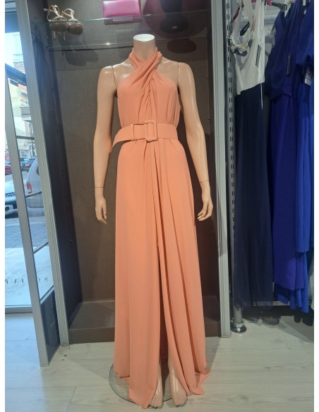 VESTIDO"IZMIR"LARGO FIESTA LISO ESCOTE CRUZADO DESMANGADO