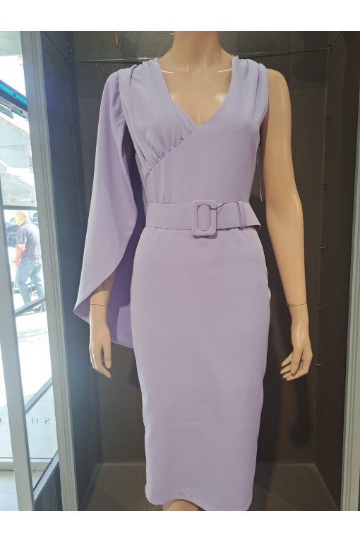 VESTIDO"GANTE" MIDI ESTAMPADO UNA MANGA CAPA Y CINTURÓN