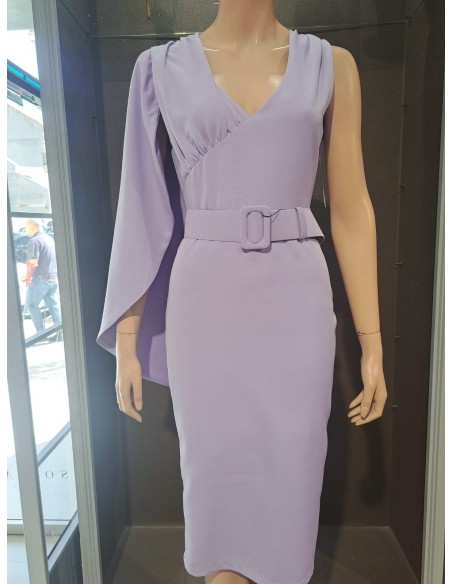 VESTIDO"GANTE" MIDI ESTAMPADO UNA MANGA CAPA Y CINTURÓN