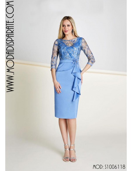 VESTIDO MADRINA CORTO AFRODITA MANGA CODO CUERPO BLONDA Y LE