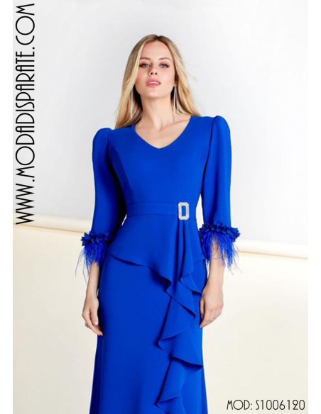 VESTIDO MADRINA CORTO PLUMAS MANGA PEPLUM CINTURÓN HEBILLA