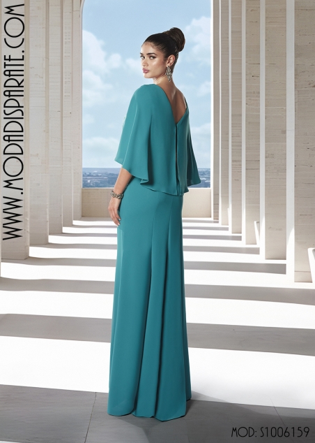 VESTIDO MADRINA LARGO CUERPO LENTEJUELAS CAPA CREP