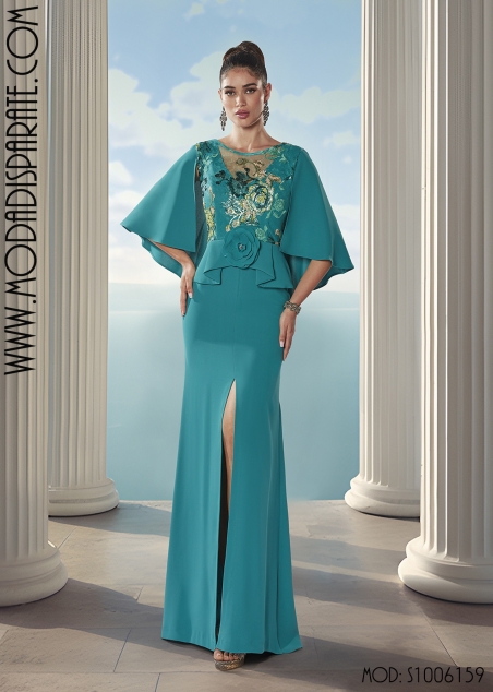 VESTIDO MADRINA LARGO CUERPO LENTEJUELAS CAPA CREP