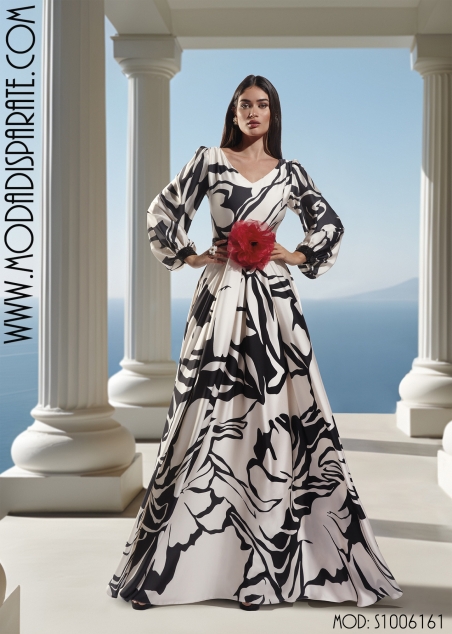 VESTIDO FIESTA LARGO ESTAMPADO  BLCO / NEGRO M/ LARGA CINTUR