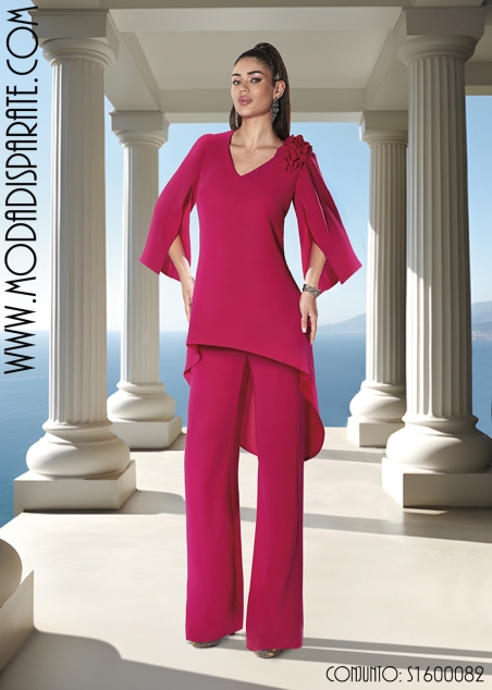 CJTO.CASACA ASIMETRICA MANGA ABIERTA Y PANTALON APLIQUE FLOR