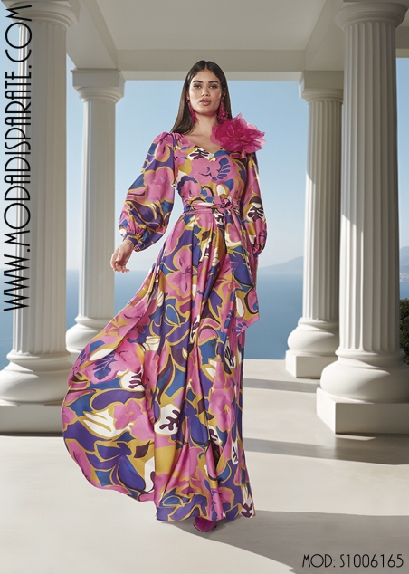 VESTIDO FIESTA LARGO ESTAMPADO MANGA LARGA