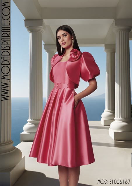 VESTIDO FIESTA MIKADO CORTO VUELO BOLERO MANGA FAROL