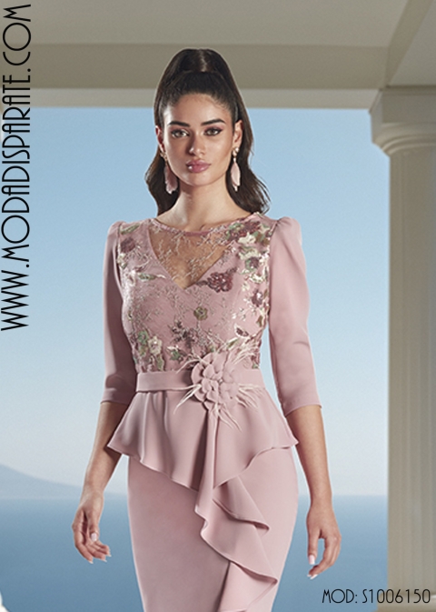VESTIDO MADRINA LARGO CUERPO BLONDA MANGA CREP 2