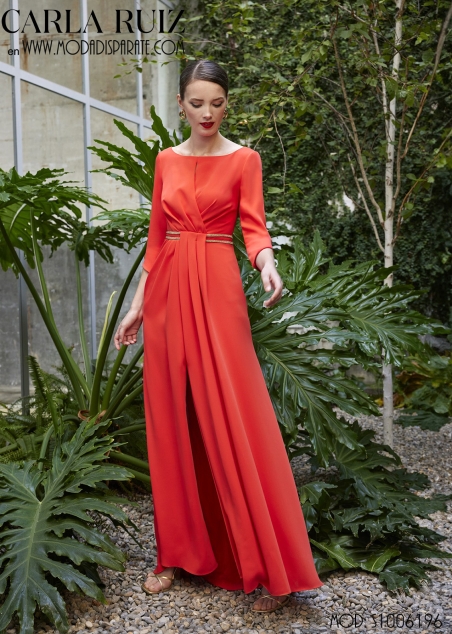 VESTIDO MADRINA LARGO MANGA FRAN.ESPALDA PICO ADORNO CIN STR
