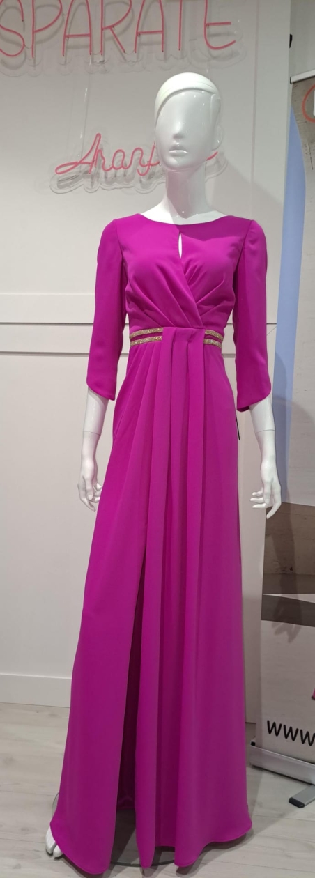 VESTIDO MADRINA LARGO MANGA FRAN.ESPALDA PICO ADORNO CIN STR