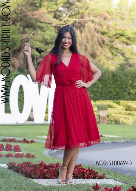 VESTIDO FIESTA CORTO GASA MANGA ABIERTA FALDA EVASE