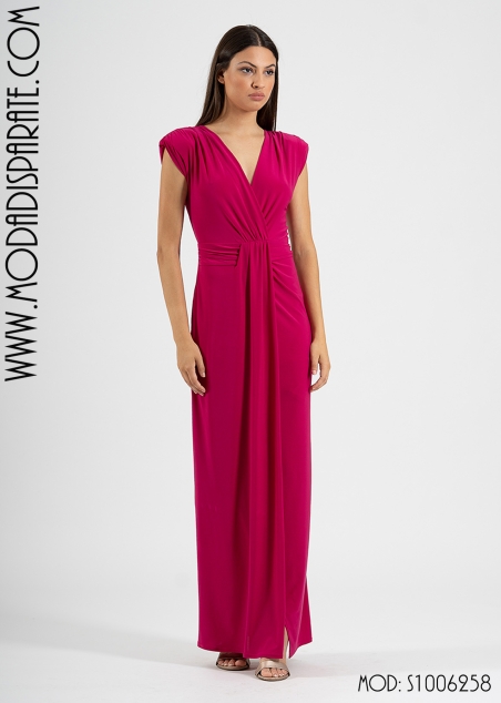 VESTIDO LARGO LISO PUNTO S/ MANGAS ESCOTE CRUZADO