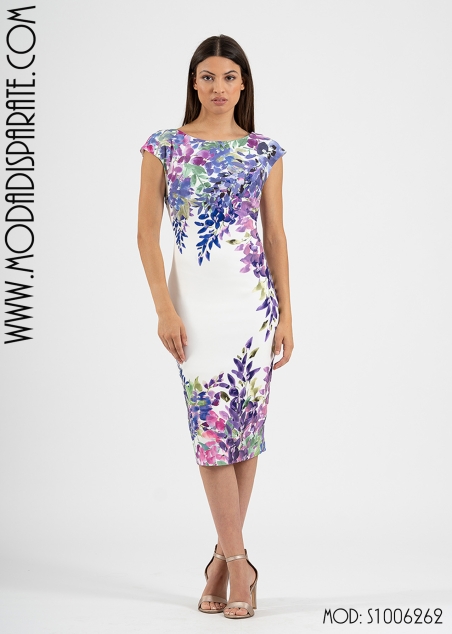 VESTIDO MIDI RECTO SIN MANGAS ESTAMPADO FONDO BLANCO