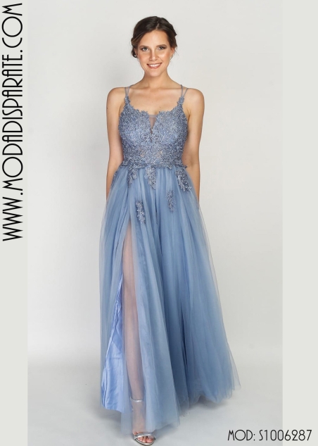 VESTIDO LARGO CUERPO PEDRERIA ESPALA ABIERTA FALDA TULL
