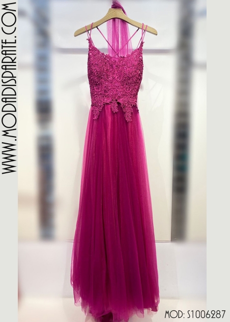VESTIDO LARGO CUERPO PEDRERIA ESPALA ABIERTA FALDA TULL