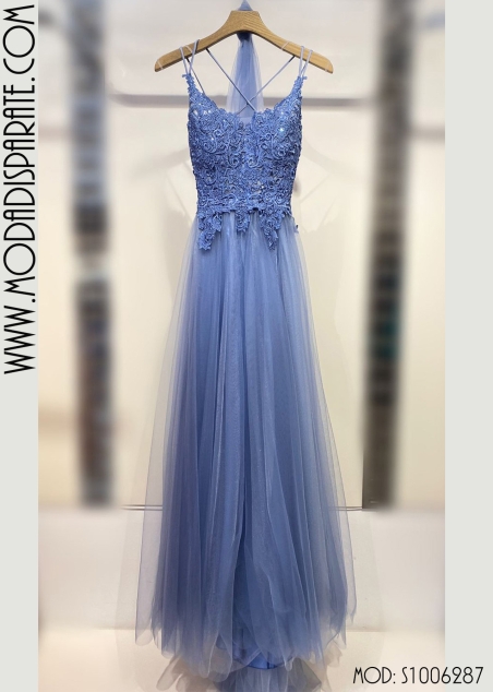 VESTIDO LARGO CUERPO PEDRERIA ESPALA ABIERTA FALDA TULL