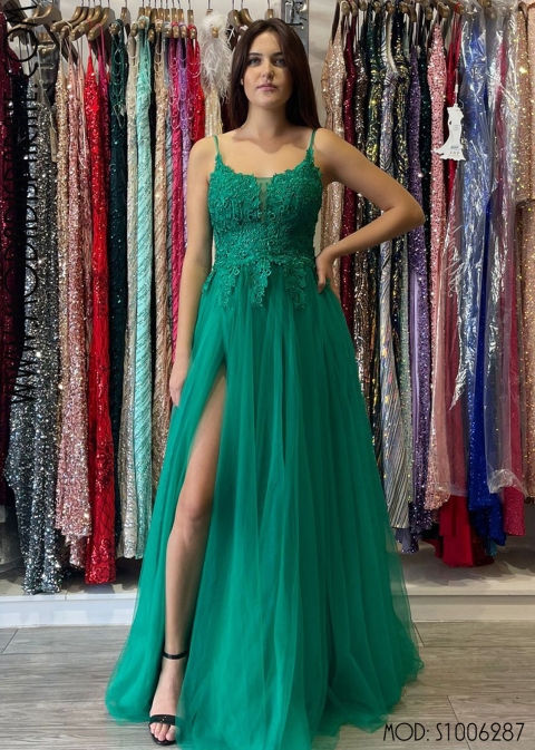 VESTIDO LARGO CUERPO PEDRERIA ESPALA ABIERTA FALDA TULL