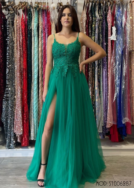 VESTIDO LARGO CUERPO PEDRERIA ESPALA ABIERTA FALDA TULL