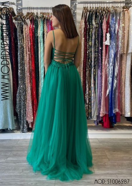 VESTIDO LARGO CUERPO PEDRERIA ESPALA ABIERTA FALDA TULL