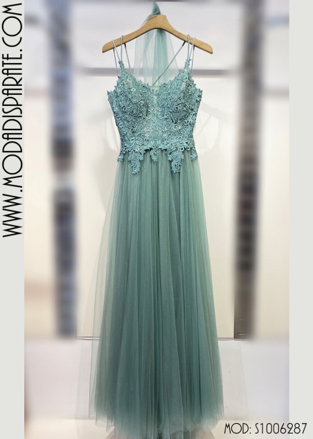 VESTIDO LARGO CUERPO PEDRERIA ESPALA ABIERTA FALDA TULL