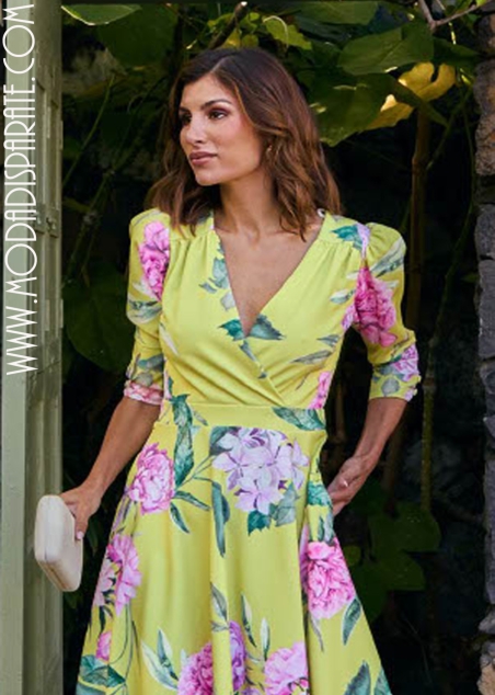 VESTIDO LARGO ESTAMPADO FALDA VUELO ESCOTE CRUZADO