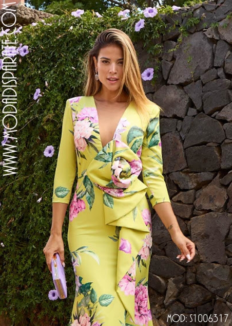 VESTIDO MIDI ESTAMPADO ESCOTE PICO TUL ADORNO LOR