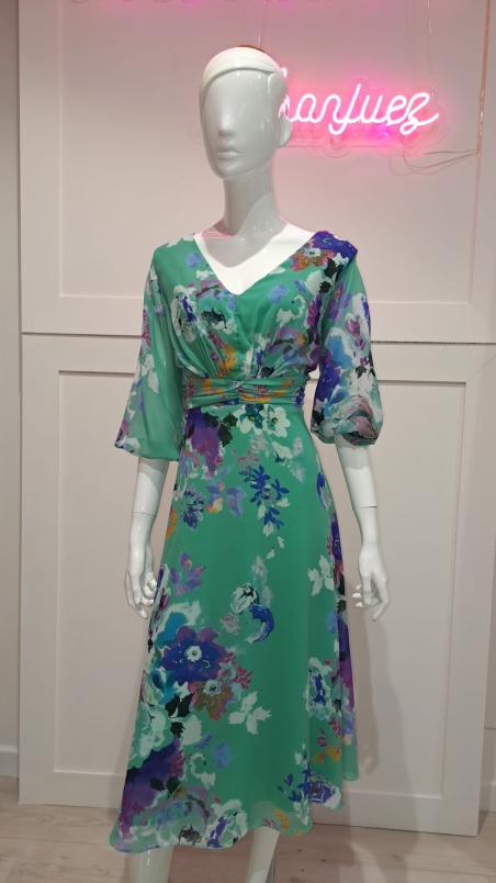 VESTIDO MIDI ESTAMPADO MANGA LARGA FALDA EVASE